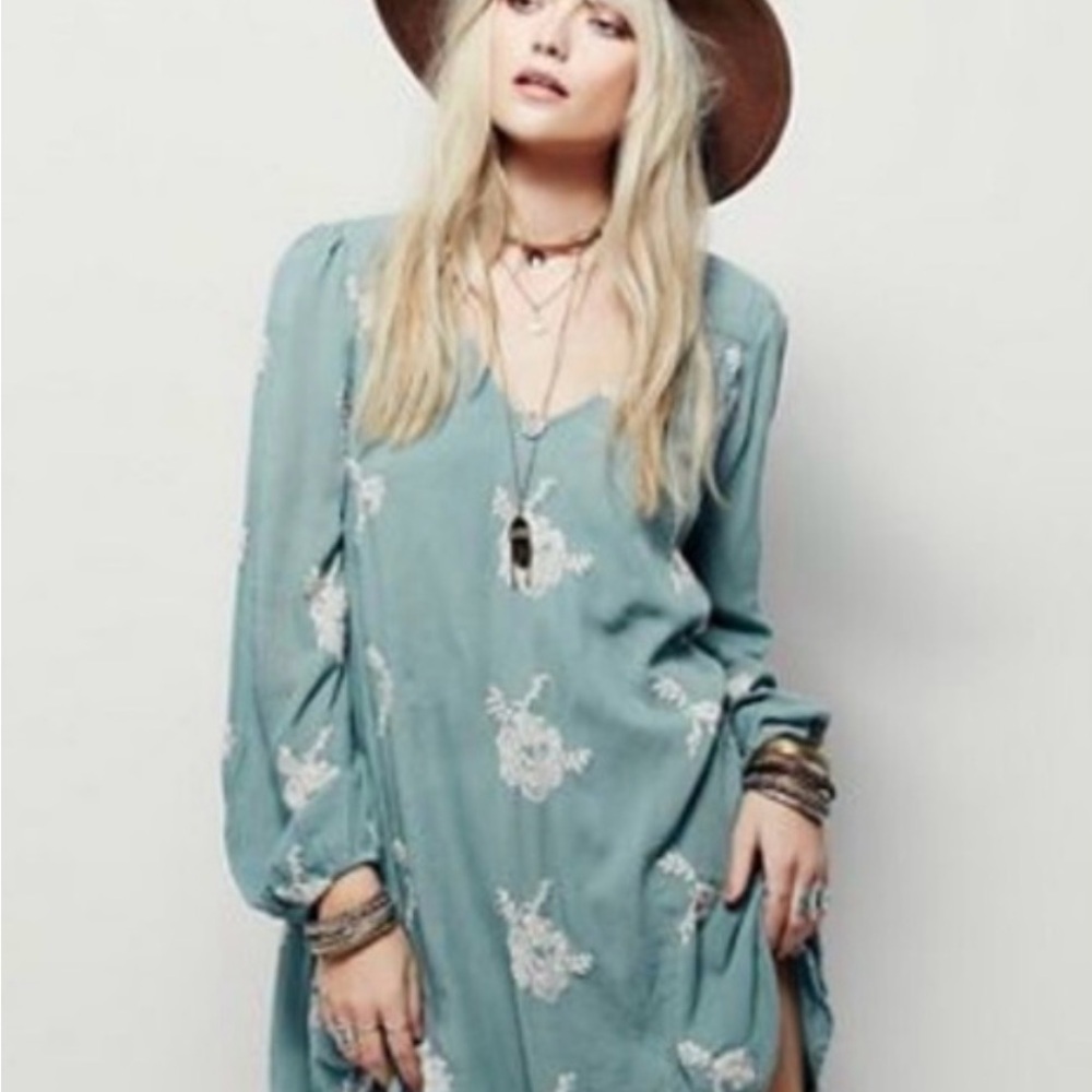 The Free People Austin Emma Floral Mini Tunic Dress in Misty Teal